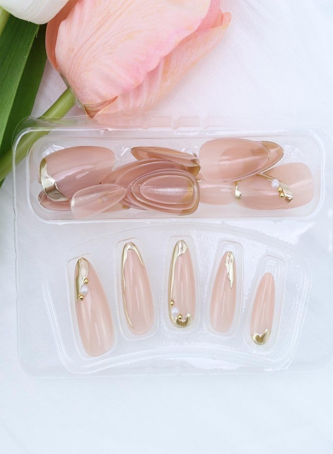 BSBTBZ Chrome Gold Press on Nails Medium Almond Stick on Nails Gold French Tip Fake Nails 3D Gilded False Nails with Pearls Rhinestones Designs Acrylic Nails for Women DIY Manicure Charms Decor Supply 24Pcs - Image 5